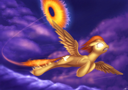 Size: 1754x1240 | Tagged: safe, artist:jeki, spitfire, pegasus, pony, g4, female, fire, flying, glowing eyes, mare, night, solo, sonic xboom, spitfiery