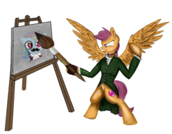 Size: 887x692 | Tagged: safe, artist:athlete-grizzle, rainbow dash, scootaloo, pegasus, pony, g4, bipedal, easel, facial hair, hoof hold, monocle, moustache, paintbrush, painting, simple background, transparent background