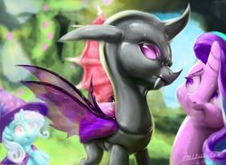 Size: 3000x2192 | Tagged: safe, artist:mindofor, pharynx, starlight glimmer, trixie, changeling, pony, unicorn, g4, to change a changeling, cape, clothes, eye contact, fangs, female, hat, high res, intimidating, looking at each other, male, mare, trixie's cape, trixie's hat