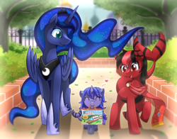 Size: 1535x1205 | Tagged: safe, artist:vavacung, princess luna, oc, oc:red pone, alicorn, hybrid, original species, pony, shark pony, g4, alicorn oc, canon x oc, cute, female, filly, foal, magical lesbian spawn, offspring, parent:princess luna, parents:canon x oc, red and black oc, smiling