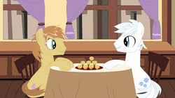 Size: 1500x844 | Tagged: safe, artist:aleksythepony, double diamond, feather bangs, earth pony, pony, g4, chair, doublebangs, food, gay, looking at each other, male, muffin, plate, shipping, stallion, table