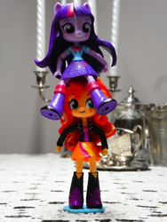 Size: 2592x3456 | Tagged: safe, artist:artofmagicpoland, sunset shimmer, twilight sparkle, equestria girls, g4, clothes, doll, equestria girls minis, eqventures of the minis, high res, irl, photo, pony pile, silly, skirt, solo, toy