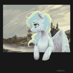 Size: 1000x1000 | Tagged: safe, artist:utauyan, oc, oc only, oc:honey melon, bird, pegasus, pony, g4, animated, blinking, bust, castle, cinemagraph, frame by frame, gif, looking at you, looking away, painting, portrait, profile, solo, windswept mane, wings
