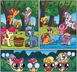 Size: 1041x975 | Tagged: safe, artist:agnesgarbowska, idw, official comic, angel sight, apple bloom, gilded lily, scootaloo, smorgasbord, sweetie belle, treasure hunt (g4), earth pony, pegasus, pony, unicorn, g4, spoiler:comic, spoiler:comic60, apple, apple tree, background pony, binoculars, bow, colt, comic, cutie mark crusaders, female, filly, foal, food, male, playing, speech bubble, tree, unnamed character, unnamed pony, water