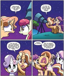Size: 1171x1383 | Tagged: safe, artist:agnesgarbowska, idw, official comic, apple bloom, gilded lily, scootaloo, sweetie belle, earth pony, pegasus, pony, unicorn, g4, spoiler:comic, spoiler:comic60, bow, comic, cutie mark crusaders, cutiespark, female, filly, foal, night, speech bubble, stargazing, telescope, unnamed character, unnamed pony