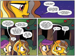 Size: 1167x874 | Tagged: safe, artist:agnesgarbowska, idw, official comic, gilded lily, scootaloo, pony, unicorn, g4, spoiler:comic, spoiler:comic60, apple tree, comic, duo, female, filly, foal, night, sad, speech bubble, tree
