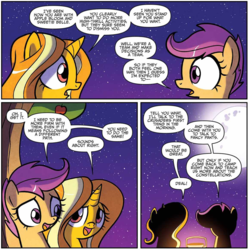 Size: 1162x1168 | Tagged: safe, artist:agnesgarbowska, idw, official comic, gilded lily, scootaloo, pony, unicorn, g4, spoiler:comic, spoiler:comic60, comic, duo, female, filly, foal, full moon, moon, night, speech bubble, talking