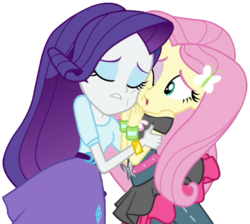 Size: 2048x1834 | Tagged: safe, artist:thebarsection, fluttershy, rarity, butterfly, dance magic, equestria girls, equestria girls specials, g4, cheek squish, clothes, eyes closed, female, hug, lesbian, one eye closed, ship:flarity, shipping, simple background, skirt, solo, squishy cheeks, transparent background, tutu