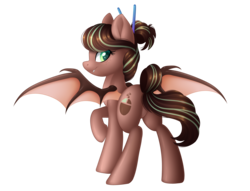 Size: 3534x2693 | Tagged: safe, artist:scarlet-spectrum, oc, oc only, oc:cocoa dot, bat pony, pony, bat pony oc, commission, fangs, female, high res, looking back, mare, raised hoof, rear view, simple background, smiling, solo, spread wings, transparent background, wings