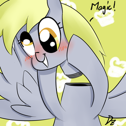 Size: 1500x1500 | Tagged: safe, artist:zouyugi, derpy hooves, pegasus, pony, g4, blushing, detachable head, dialogue, disembodied head, female, headless, mare, modular, smiling, solo