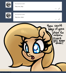 Size: 500x547 | Tagged: safe, artist:slavedemorto, oc, oc only, oc:backy, earth pony, pony, :p, ask, dialogue, mlem, silly, solo, tongue out, tumblr