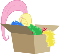 Size: 1291x1162 | Tagged: safe, artist:sympathizer, fluttershy, pony, g4, hearth's warming eve (episode), box, cardboard box, female, flutterbox, flutterbutt, hearth's warming eve, hiding, pony in a box, scared, simple background, solo, tinsel, transparent background, vector