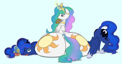 Size: 1600x838 | Tagged: safe, artist:athan, princess celestia, princess luna, alicorn, pony, g4, alicorns only, duo, duo female, eating, female, food, huge butt, impossibly large butt, large butt, long neck, necc, potion, princess luneck, royal sisters, sibling rivalry, sunbutt, waffle, wat