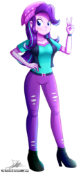 Size: 1004x2096 | Tagged: safe, artist:the-butch-x, part of a set, starlight glimmer, equestria girls, equestria girls specials, g4, my little pony equestria girls: mirror magic, adorasexy, beanie, boots, breasts, bust, clothes, commission, cute, female, fingers, hand on hip, happy, hat, jeans, looking at you, peace sign, ripped jeans, sexy, shirt, shoes, signature, simple background, smiling, solo, stupid sexy starlight glimmer, teenager, torn clothes, transparent background, vest, watch, wristwatch