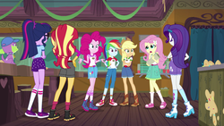 Size: 1280x720 | Tagged: safe, screencap, applejack, fluttershy, pinkie pie, rainbow dash, rarity, sci-twi, spike, spike the regular dog, sunset shimmer, twilight sparkle, dog, human, equestria girls, g4, my little pony equestria girls: legend of everfree, ass, butt, clothes, converse, cowboy hat, denim shorts, freckles, hat, humane five, humane seven, humane six, open mouth, shoes, shorts, skirt, stetson