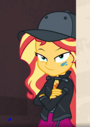 Size: 398x562 | Tagged: safe, screencap, sunset shimmer, display of affection, equestria girls, g4, my little pony equestria girls: better together, cropped, discussion in the comments, female, flanksy, hat, smugset shimmer, solo