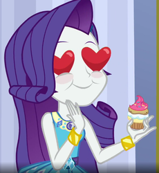 Size: 680x738 | Tagged: safe, screencap, rarity, equestria girls, g4, my little pony equestria girls: better together, super squad goals, cupcake, female, food, geode of shielding, happy, heart, heart eyes, solo, wingding eyes