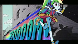 Size: 1600x900 | Tagged: safe, screencap, rainbow dash, equestria girls, equestria girls series, g4, super squad goals, black outlines, clothes, crystal guardian, crystal wings, female, geode of super speed, hascon, magical geodes, onomatopoeia, ponied up, running, zoom