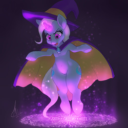 Size: 960x960 | Tagged: safe, artist:grissaecrim, trixie, g4, cape, clothes, diamond, female, floating, glowing horn, hat, horn, magic, magic circle, runes, solo, sparkles, wizard hat