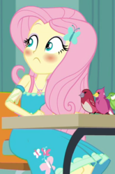 Size: 385x584 | Tagged: safe, screencap, fluttershy, a little birdie told me, equestria girls, g4, my little pony equestria girls: better together, blushing, clothes, cropped, dress, embarrassed, female, geode of fauna, magical geodes, solo