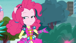 Size: 1366x768 | Tagged: safe, screencap, fluttershy, pinkie pie, equestria girls, g4, my little pony equestria girls: better together, super squad goals, crystal guardian, crystal wings, female, geode of sugar bombs, magical geodes, ponied up, smiling, smug, solo focus, wings