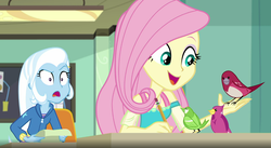 Size: 1342x736 | Tagged: safe, screencap, fluttershy, trixie, bird, songbird, a little birdie told me, equestria girls, g4, my little pony equestria girls: better together, classroom, duo, female, happy, open mouth, pencil, shocked