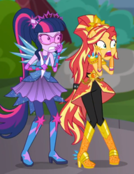 Size: 598x777 | Tagged: safe, screencap, sci-twi, sunset shimmer, twilight sparkle, equestria girls, equestria girls series, g4, super squad goals, boots, cropped, crystal guardian, crystal wings, duo, high heel boots, ponied up, sci-twilicorn, shocked, shoes, wings