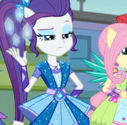 Size: 420x413 | Tagged: safe, screencap, fluttershy, rarity, sci-twi, twilight sparkle, equestria girls, g4, my little pony equestria girls: better together, super squad goals, animated, crystal guardian, crystal wings, female, geode of fauna, geode of shielding, magical geodes, ponied up, rarity is not amused, superhero, unamused