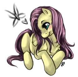 Size: 774x768 | Tagged: safe, artist:mtpcrew, fluttershy, pegasus, pony, g4, blushing, cute, female, folded wings, prone, shyabetes, simple background, smiling, solo, turned head, white background, wings