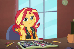 Size: 457x303 | Tagged: safe, screencap, sunset shimmer, equestria girls, g4, my little pony equestria girls: better together, super squad goals, animated, coffee, comic, drawing, female, geode of empathy, hand, pencil, smugset shimmer, window
