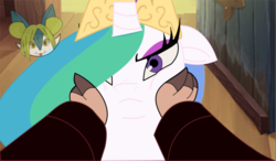 Size: 568x332 | Tagged: safe, artist:orochismith, edit, edited screencap, screencap, princess celestia, verko, pony, g4, my little pony: the movie, celestia is not amused, cheek squish, cute, cutelestia, meme, silly, silly pony, squishy cheeks, this will end in tears and/or a journey to the moon, unamused, who's a good pony