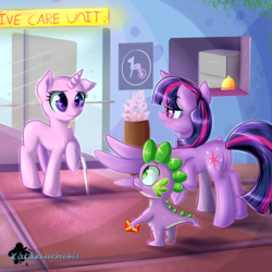 Size: 3000x3000 | Tagged: safe, artist:katakiuchi4u, spike, starlight glimmer, twilight sparkle, alicorn, dragon, pony, unicorn, g4, bald, bandaid, bittersweet, blushing, butt, cancer, chemotherapy, crutches, crying, female, high res, hospital, looking at each other, mare, missing cutie mark, plot, sad, spread wings, teary eyes, twilight sparkle (alicorn), wings