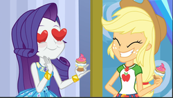Size: 1898x1080 | Tagged: safe, screencap, applejack, rarity, equestria girls, equestria girls series, g4, super squad goals, cupcake, female, food, geode of shielding, geode of super strength, heart eyes, smiling, wingding eyes