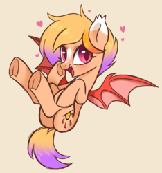 Size: 2647x2822 | Tagged: safe, artist:hawthornss, oc, oc only, oc:blaze, bat pony, bat pony oc, blushing, brown background, butt, cute, dock, ear fluff, floating heart, frog (hoof), heart, high res, looking at you, open mouth, plot, simple background, smiling, solo, underhoof