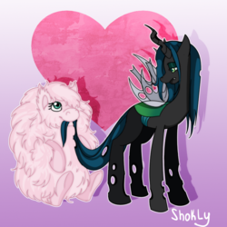 Size: 800x800 | Tagged: safe, artist:shokly, queen chrysalis, oc, oc:fluffle puff, changeling, changeling queen, pony, g4, biting, canon x oc, duo, female, heart background, lesbian, ship:chrysipuff, shipping, tail bite