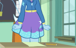 Size: 420x266 | Tagged: safe, screencap, trixie, a little birdie told me, equestria girls, equestria girls series, g4, angry, animated, aside glance, blushing, classroom, clothes, desk, female, frown, glare, grumpy, pencil, sitting, skirt, solo, window
