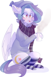 Size: 1024x1537 | Tagged: safe, artist:erinartista, oc, oc only, oc:shylu, pegasus, pony, chocolate, clothes, female, food, hot chocolate, mare, scarf, simple background, socks, solo, striped socks, sweater, tongue out, transparent background, winter hat