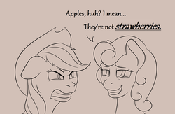 Size: 3553x2321 | Tagged: safe, artist:nudeknightart, applejack, strawberry sunrise, earth pony, pegasus, pony, g4, brown background, dialogue, duo, female, grin, high res, mare, monochrome, scowl, simple background, smiling, smug, strawberry savage, troll