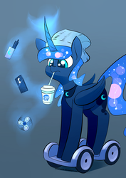 Size: 2480x3507 | Tagged: safe, artist:underpable, princess luna, alicorn, pony, g4, cellphone, coffee, cringe comedy, curved horn, cute, drinking, ethereal mane, female, fidget spinner, frappuccino, frown, glowing horn, gray background, hat, high res, hipster, horn, how do you do fellow kids, levitation, looking down, lunabetes, magic, mare, meme, millennial, phone, scooter, segway, simple background, smartphone, solo, starbucks, straw, swegway, telekinesis, towel, unicorn frappuccino, vape