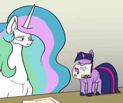 Size: 3759x3179 | Tagged: safe, artist:greyscaleart, princess celestia, twilight sparkle, alicorn, pony, unicorn, the tiny apprentice, g4, celestia is not amused, cute, done with your shit, drawing, female, filly, filly twilight sparkle, high res, horseshoes, mouth hold, old, six, smol, ten quadrillion, twiabetes, unamused, younger