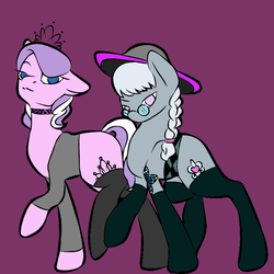 Size: 800x800 | Tagged: safe, artist:00happyhooves00, artist:icicle-niceicle-1517, diamond tiara, silver spoon, earth pony, pony, g4, choker, clothes, collaboration, duo, female, glasses, goth, hat, jewelry, mare, older, older diamond tiara, older silver spoon, purple background, shirt, simple background, socks, stockings, sun hat, tattoo, thigh highs, tiara
