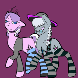Size: 800x800 | Tagged: safe, alternate version, artist:00happyhooves00, artist:icicle-niceicle-1517, diamond tiara, silver spoon, earth pony, pony, g4, choker, clothes, collaboration, duo, female, glasses, goth, hat, jewelry, mare, older, older diamond tiara, older silver spoon, purple background, shirt, simple background, socks, stockings, striped socks, sun hat, tattoo, thigh highs, tiara