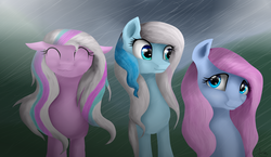 Size: 2149x1249 | Tagged: safe, artist:canelamoon, oc, oc only, oc:berta, oc:blaueta, oc:paula, earth pony, pony, female, mare, rain