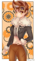 Size: 676x1183 | Tagged: safe, alternate version, artist:shimayaeiko, edit, oc, oc only, oc:cirrus mist, human, amber eyes, belly button, clothes, female, fluffy, gears, goggles, hand on hip, humanized, humanized oc, jacket, midriff, smiling, solo, steampunk