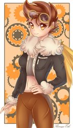 Size: 676x1183 | Tagged: safe, alternate version, artist:shimayaeiko, oc, oc only, oc:cirrus mist, human, amber eyes, belly button, clothes, female, fluffy, gears, goggles, hand on hip, humanized, humanized oc, jacket, looking at you, midriff, prosthetic wing, smiling, solo, steampunk