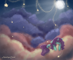 Size: 1024x842 | Tagged: safe, artist:amaliyacloud, oc, oc only, oc:amaliya cloud, pony, cloud, cute, cutie mark, female, moon, moonlight, sleeping, stars