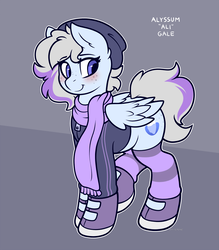 Size: 1800x2057 | Tagged: safe, artist:whitepone, oc, oc only, oc:alyssum gale, pegasus, pony, beanie, clothes, cute, female, hat, mare, ocbetes, scarf, shoes, simple background, socks, solo, striped socks, sweater