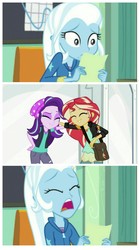 Size: 936x1682 | Tagged: safe, edit, edited screencap, screencap, starlight glimmer, sunset shimmer, trixie, equestria girls, equestria girls specials, g4, my little pony equestria girls: better together, my little pony equestria girls: mirror magic, female, lesbian, sad, ship:shimmerglimmer, ship:startrix, shipping