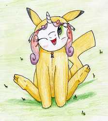 Size: 1932x2168 | Tagged: safe, artist:40kponyguy, derpibooru exclusive, sweetie belle, pikachu, pony, unicorn, g4, blushing, cute, female, filly, floppy ears, laughing, looking up, one eye closed, onesie, pokémon, solo, traditional art, zipper