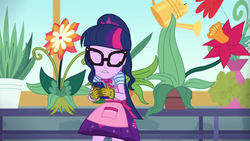 Size: 1920x1080 | Tagged: safe, screencap, sci-twi, twilight sparkle, equestria girls, equestria girls series, g4, my little shop of horrors, animation error, apron, celestia's house, clothes, eyes closed, female, flower, glasses, iphone, plant, plants, ponytail, potted plant, room to grow, skirt, solo, watering can
